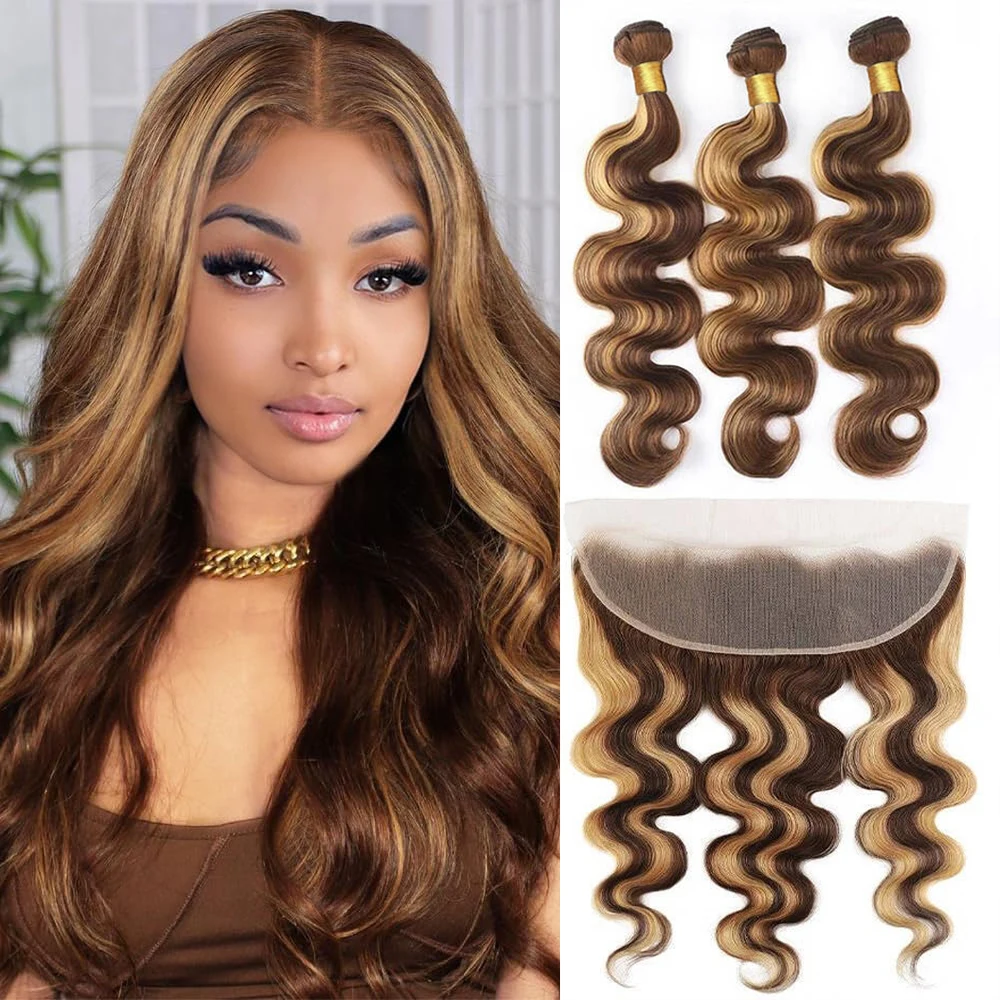 

#4/27 Bundle With Frontal Body Wave Honey Blonde Ombre Human Hair 3 Bundles With 13x4 HD Lace Frontal Highlight Colored Bundles