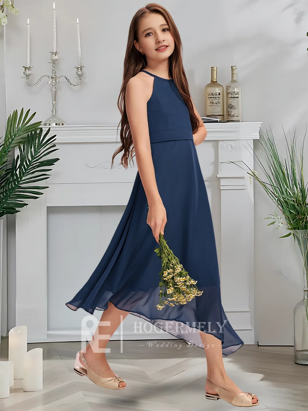 Роскошное платье подружки невесты с лямкой на шее, серебряное платье с цветочным узором для девочек с лунным разрезом, шифоновое платье длиной до пола с каскадными складками на свадьбу