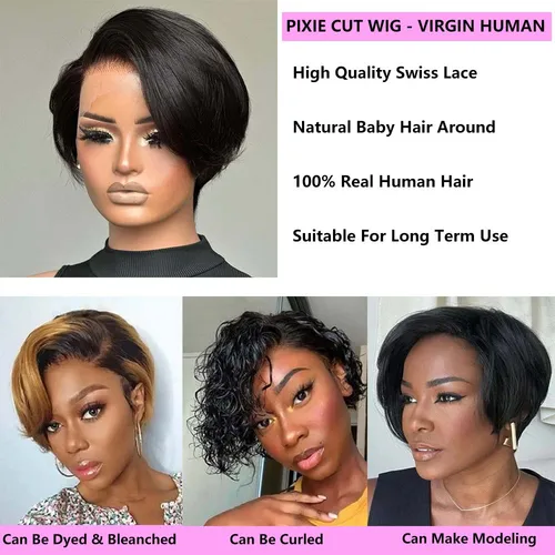 Imagen 2 del producto Peluca de cabello humano con corte Pixie recto, pelucas cortas, pelucas frontales de encaje 13x4, cabello humano prearrancado, peluca de corte Pixie Natural para mujeres negras
