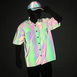 Chemise à manches courtes géométrique holographique pour hommes, chemisier décontracté unisexe, vêtements de coulée arc-en-ciel, hip hop de rue, punk