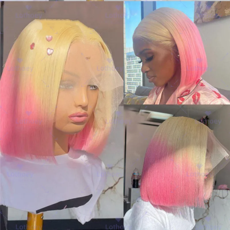 Ombre Pink Short Bob Wig Human Hair Straight Blue Lace Frontal Wig With Natural Hairline Pre Plucked Short Human Hair Wigs