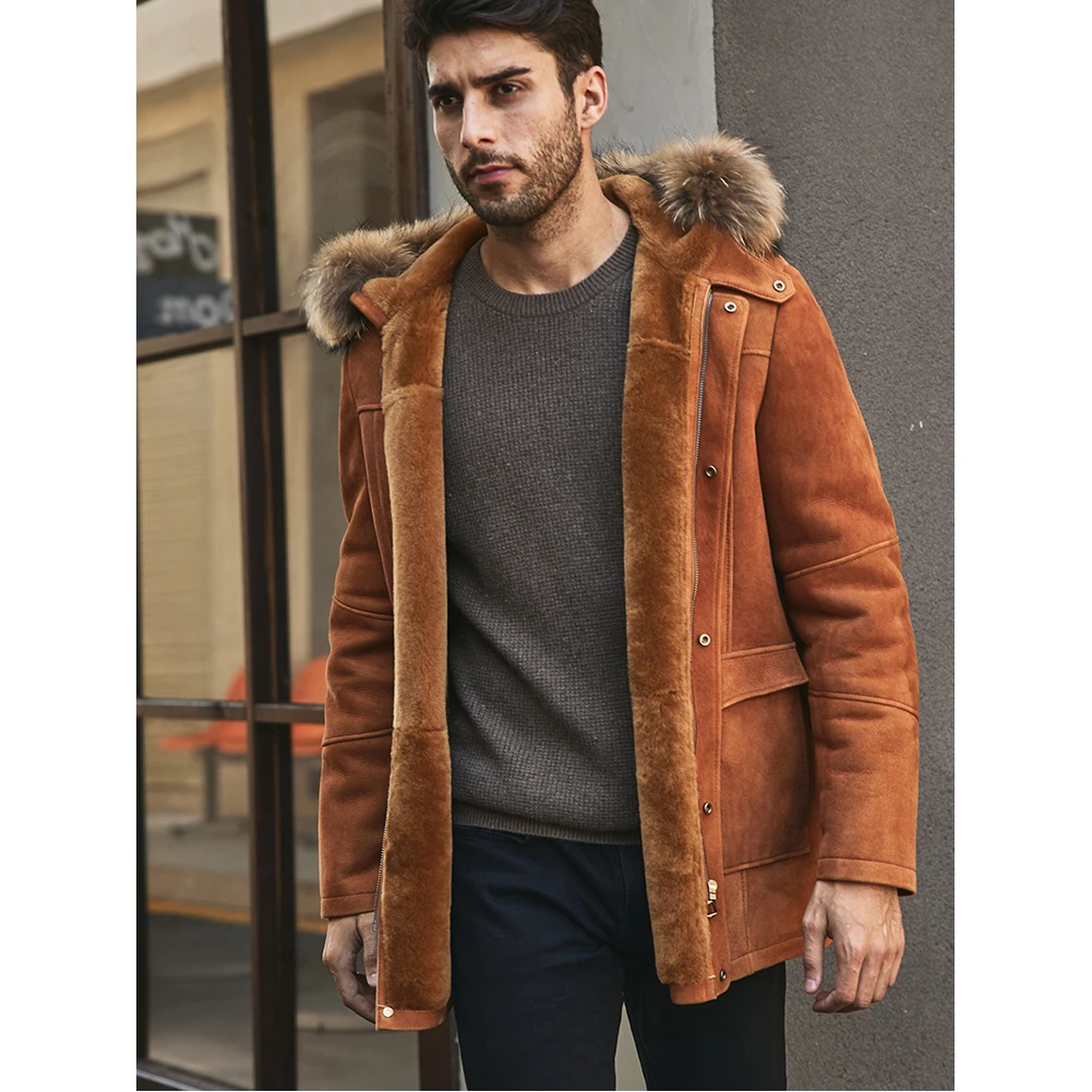 Denny&Dora New Mens Shearling Jacket Long Fur Coat Hooded Sheepskin Coat Orange Leather Jacket