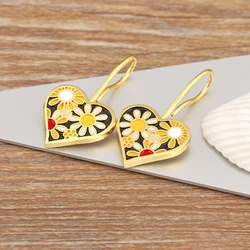 Nidin Korea Popular Heart Shape Daisy Pattern Copper Charm Drop Earrings For Women Girl Classic Ear Jewelry Birthday Party Gifts