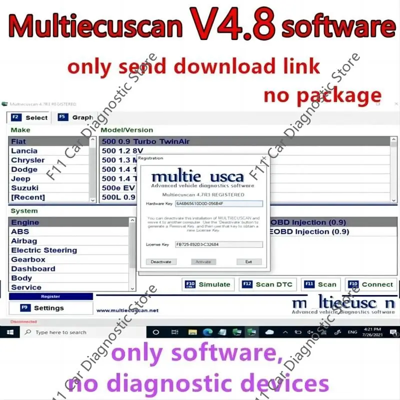 

2024 NEW Multiecuscan V4.8 For Fiat/Chrysler/Dodge/Jeep/Suzuki Scanner Software 4.8+ ELM327+Flat adapter Registered Unlimite