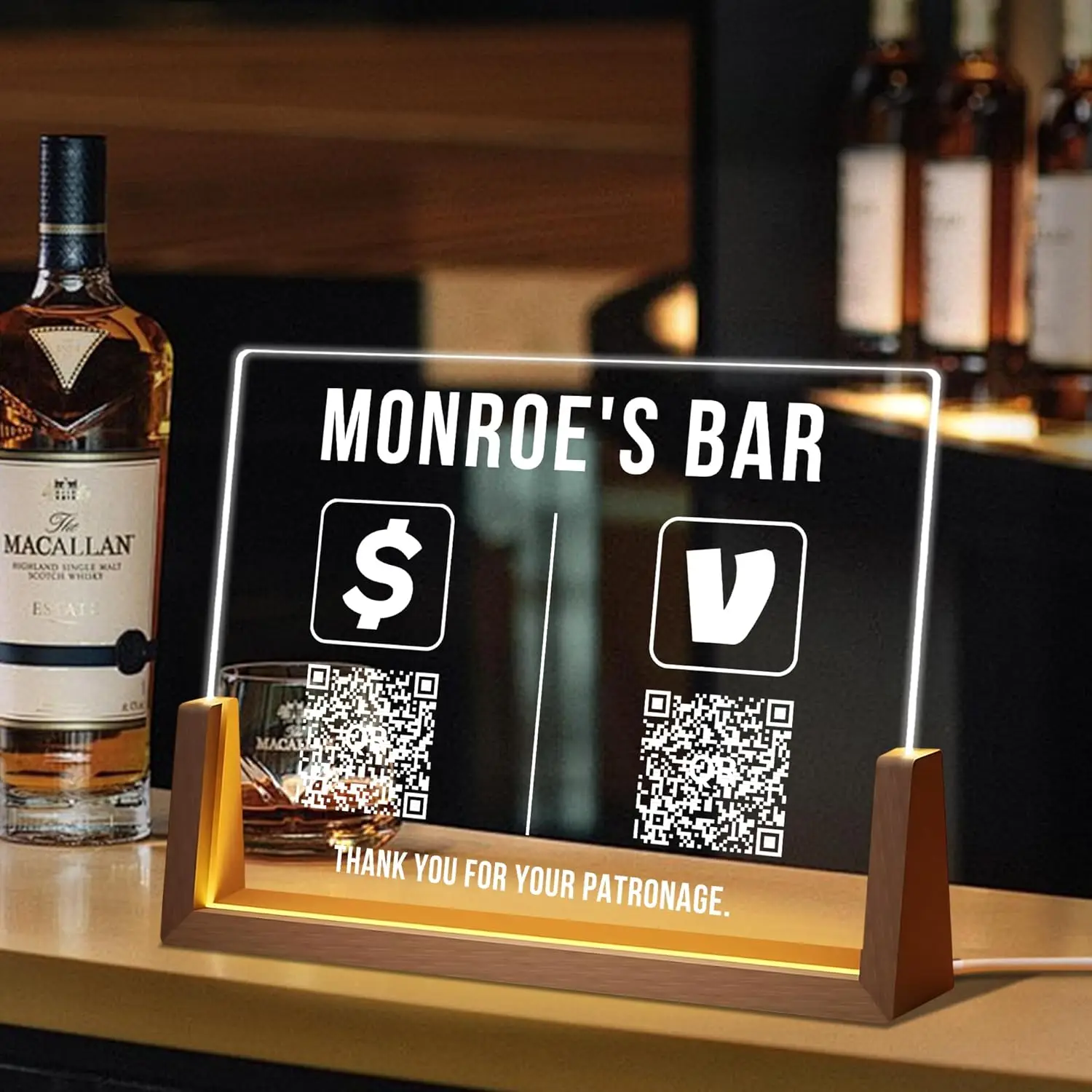 علامة رمز QR من الأكريليك مقاس 8 بوصة مخصصة للأعمال للمسح الضوئي للدفع، والوسائط الاجتماعية، وواي فاي، وعرض الباركود مع حامل أو قاعدة خشبية