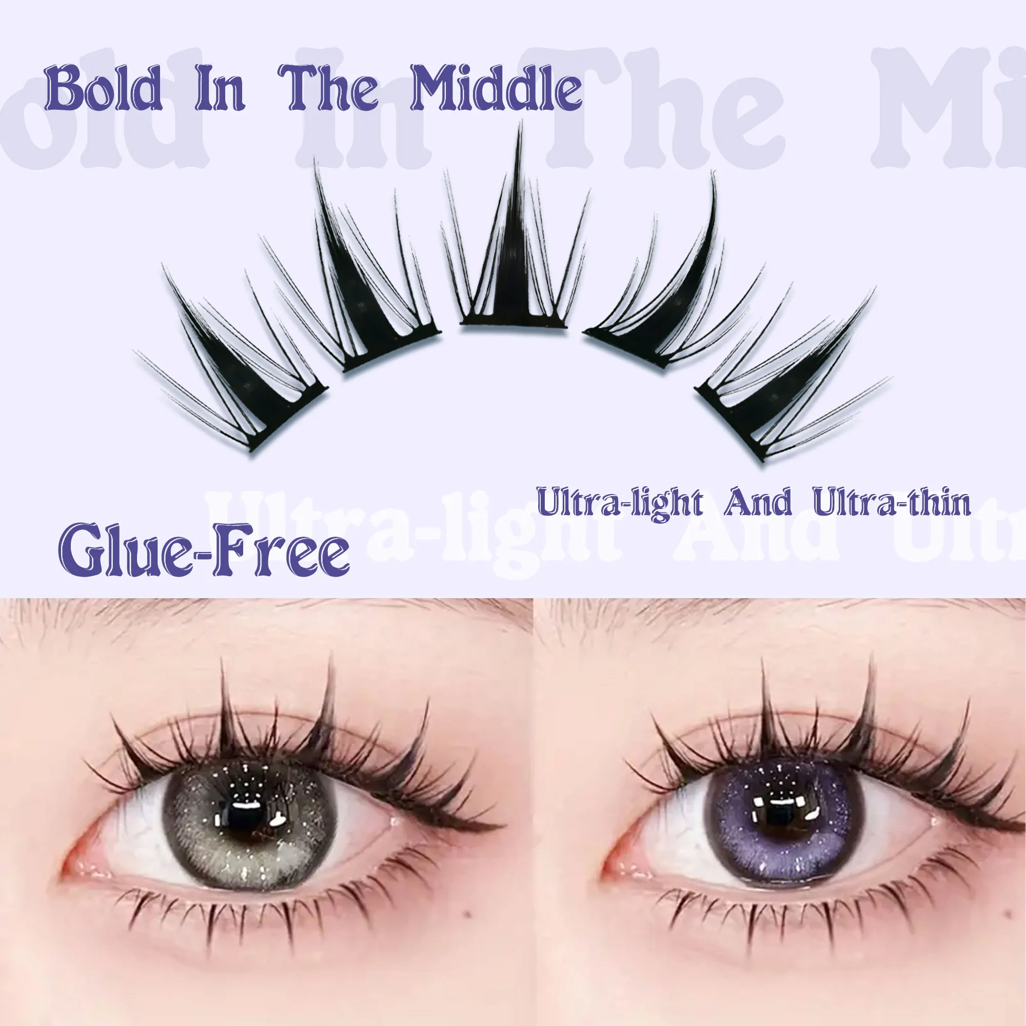 6/10 rijen komische lijmvrije valse wimpers, ultralicht en dun, natuurlijk, met zwarte stengels, voor dagelijks gebruik