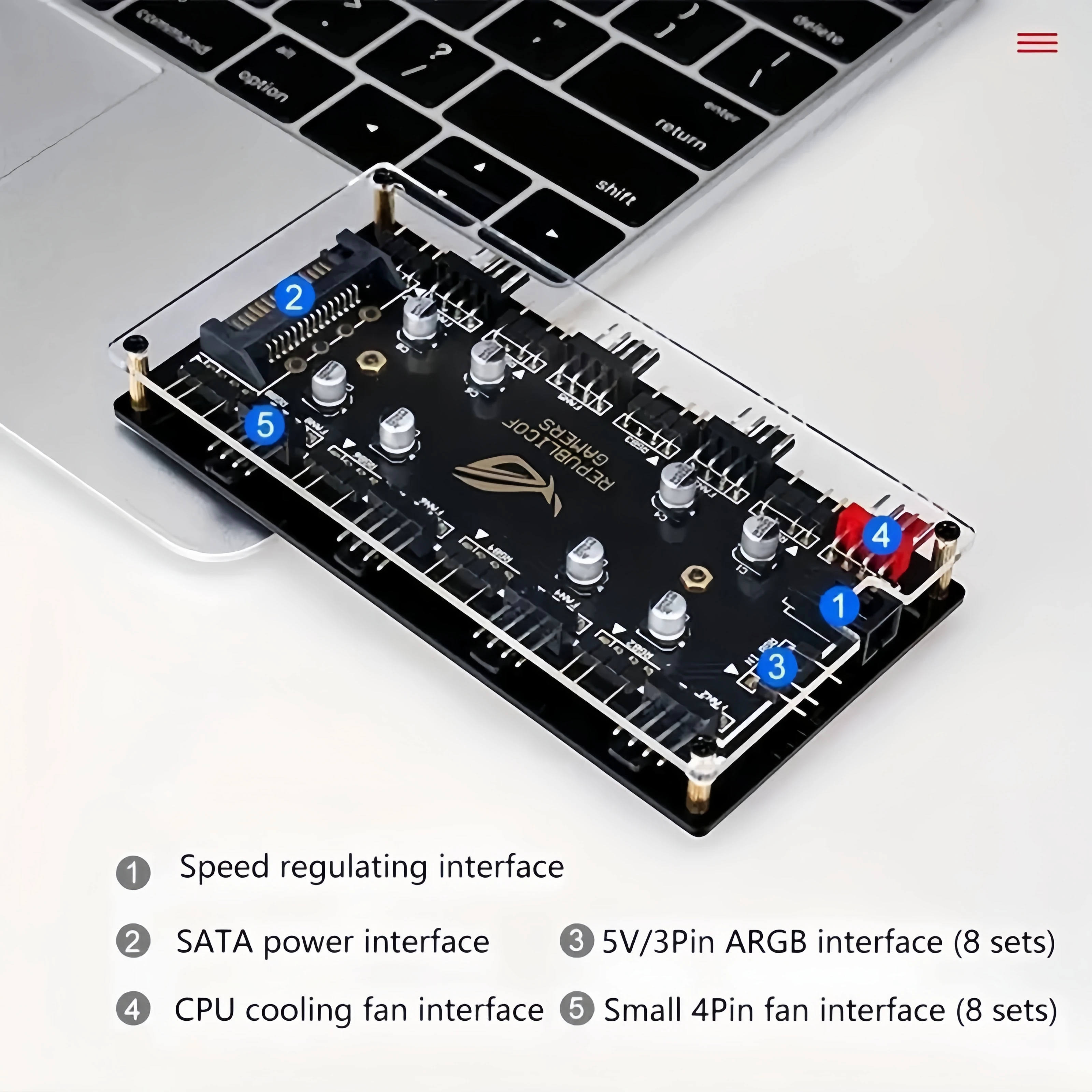 Dual 8-Port Fan Hub ARGB/PWM 2-in-1 5V 3-Pin Lighting Sync, 12V 4-Pin Temperature Control, SATA Power Supply - view 6