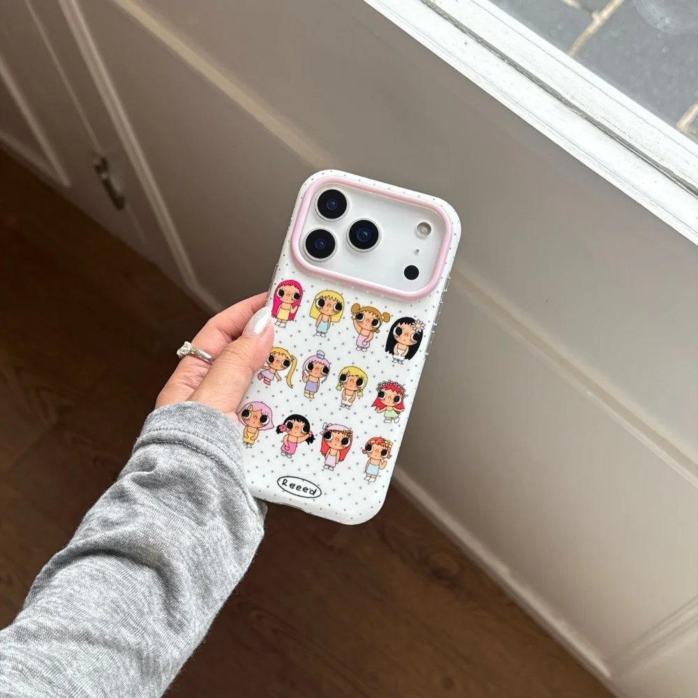 Kawaii Cartoon Girl Yuyu Polka Dot Print Phone Case for iPhone 18 Pro 17 Max 15 16 17 18 Pro Max Cover, Fashion Shockproof Cases