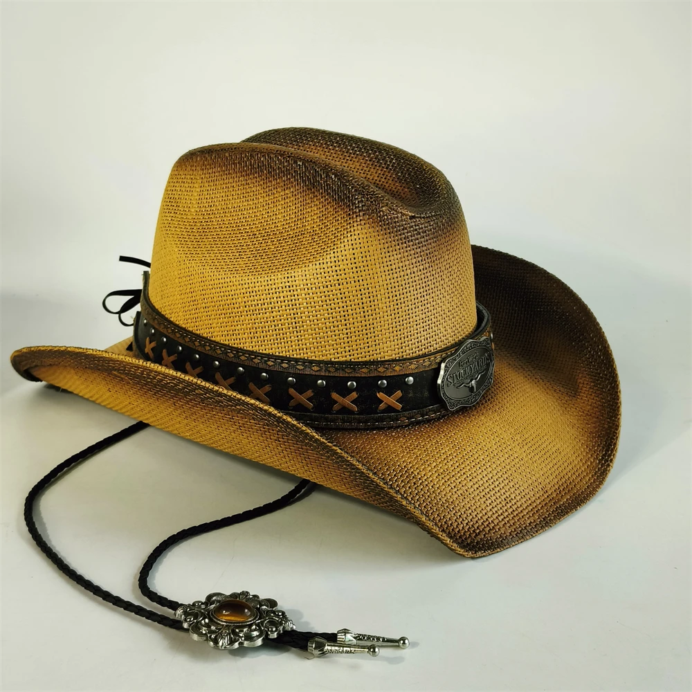 Men Stiff Straw Cowboy hat women Pasture straw hat cowgirl straw hat Turquoise Bolo Tie rope summer Sun hat sombrero vaquero