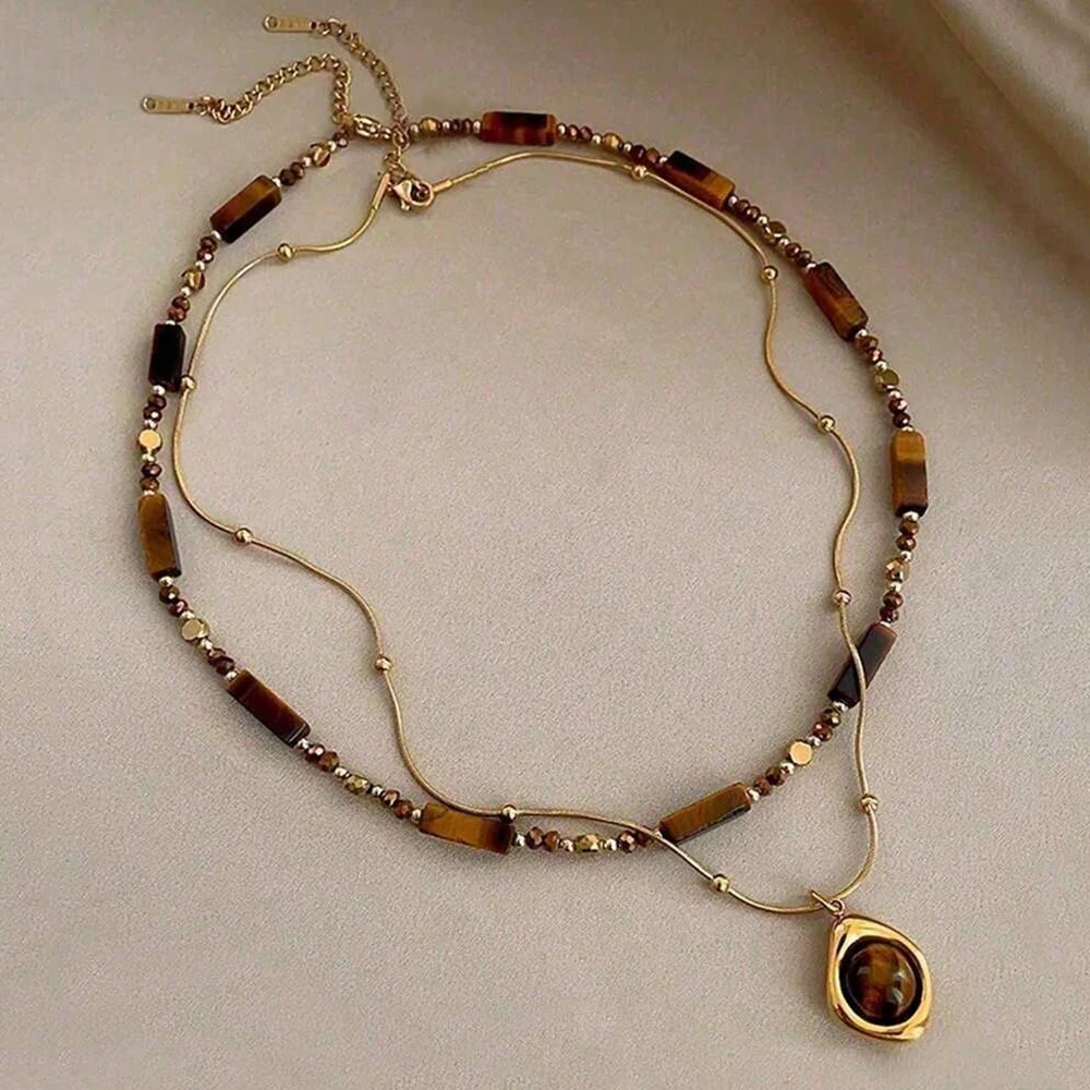 Vintage Elegant Multi-Layer Tiger Eye Stone Pendant Necklace, Double-Layer Clavicle Chain Jewelry Set, Fashion Jewelry, Best Fri