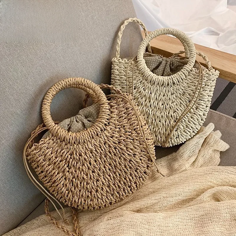 Yogodlns ręcznie robiona półokrągła rattanowa tkana torba ze słomy letnie damskie torby kurierskie typu crossbody dziewczęca mała torebka plażowa nowość — zdjęcie 2