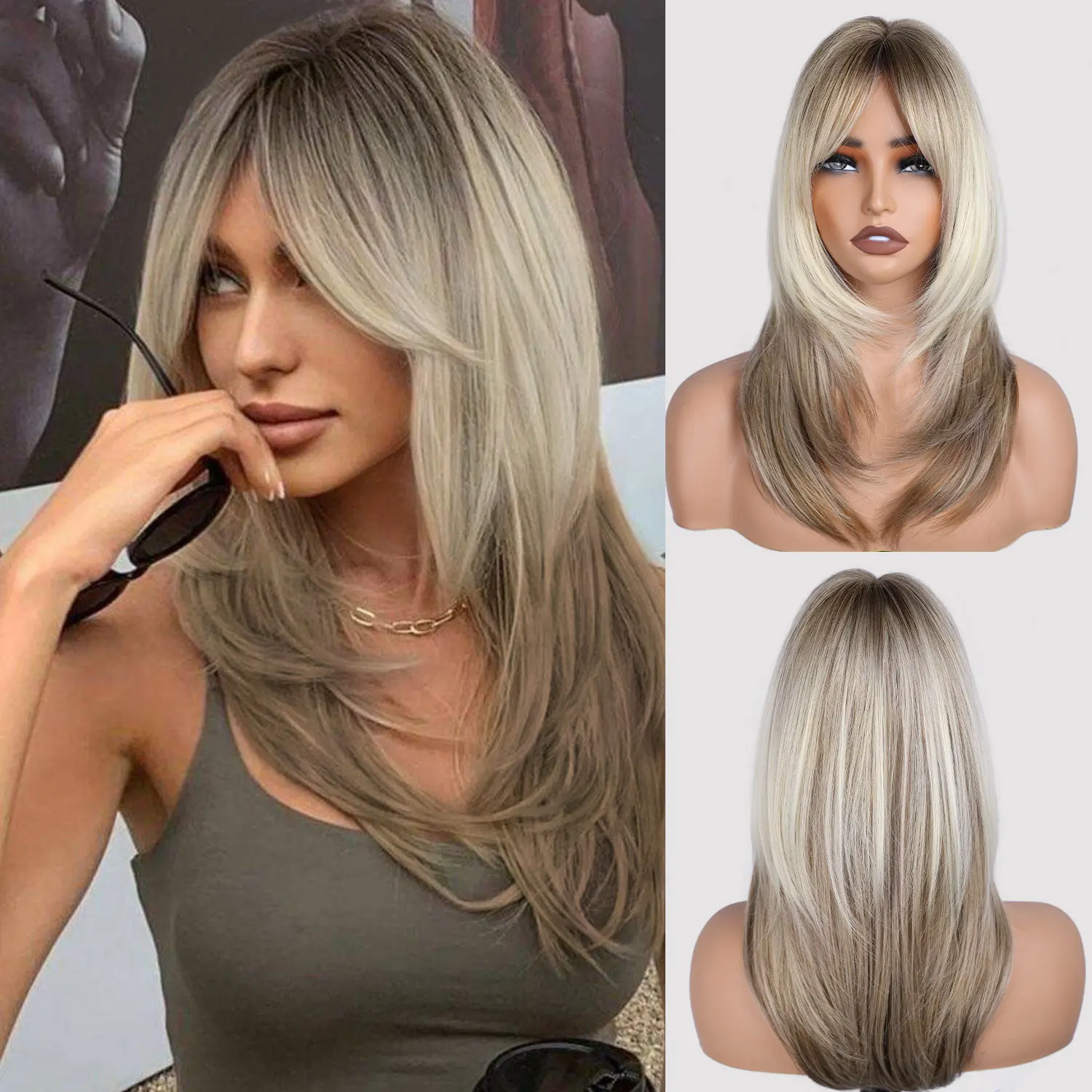 

Women's long gradient brown wig, heat-resistant synthetic wig - with bangs, suitable for parties, holidays, everyday occasions