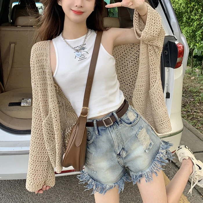 Women's Summer Cardi Punching Recreation Vacance Sun-blocking Thin Loose Kit Bolero Cardi