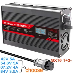 OHRIJA GX 67.2V 48V 4A Lithium Charger 42V 54.6V 5A For 13S 48V Li-ion Battery Charger DC2.5 Connector  84V 3.5A Charger OLED