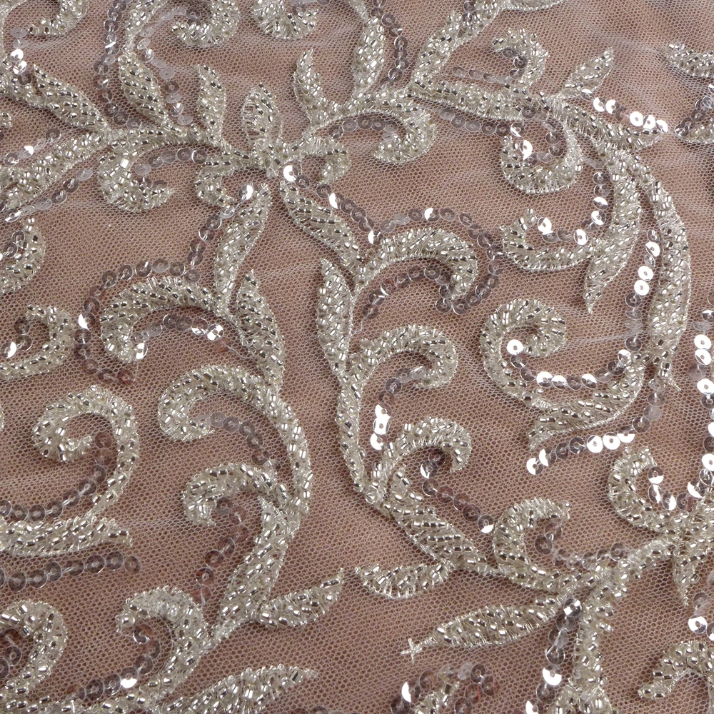 HelluyerDC  Silver,Off white heavy beading lace fabric,One Side patterns lace for fashion,wedding,evening,dance gown by the yard