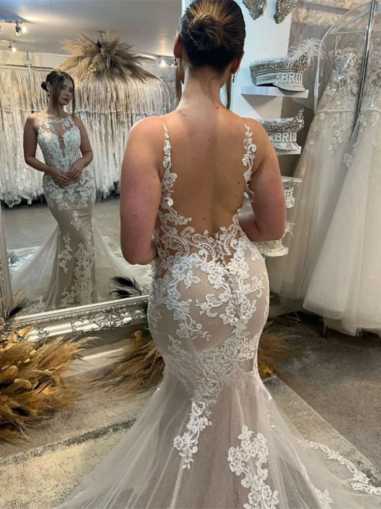 Luxury Mermaid Wedding Dresses Women Lace Spaghetti Straps Open Back O-Neck Bridal Gowns Sweep Train Vestidos De Novia