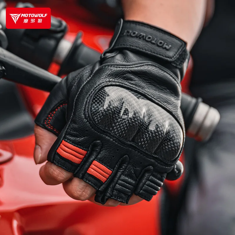 Leather Motorcycle Gloves for Summer Men Gloves Motocross Half Finger Fingerless Carbon Fiber Guantes Moto Luva Guanti Enduro