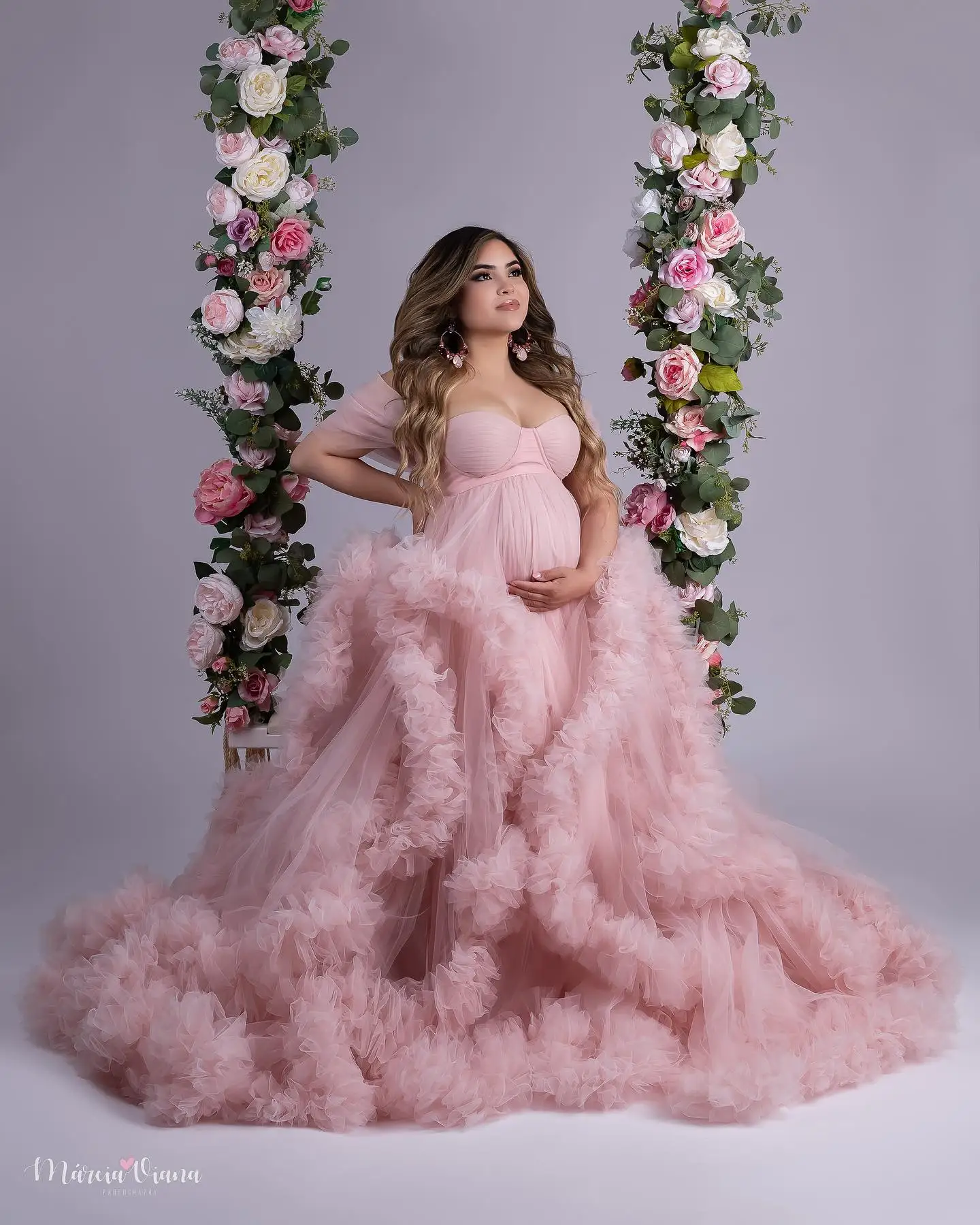 Vestido de maternidad con volantes rosas para sesión de fotos, vestido de fiesta con hombros descubiertos, traje de fiesta, albornoz para Babyshower de embarazo personalizado