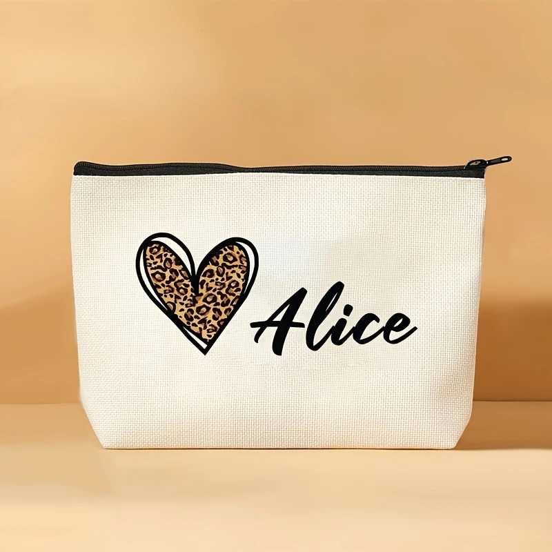 Customizable Heart Leopard Print Makeup Bag, Stylish Toiletry Pouch, Lightweight, Foldable, Zipper Closure,Perfect for Christmas