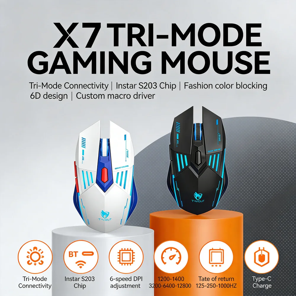 

Беспроводная игровая мышь T-WOLF X7, три режима подключения (2.4G, Bluetooth, проводной), 12800 DPI, 6 регулируемых уровней DPI, программируемые макросы, эргономичный дизайн, RGB-подсветка, дышащий корпус