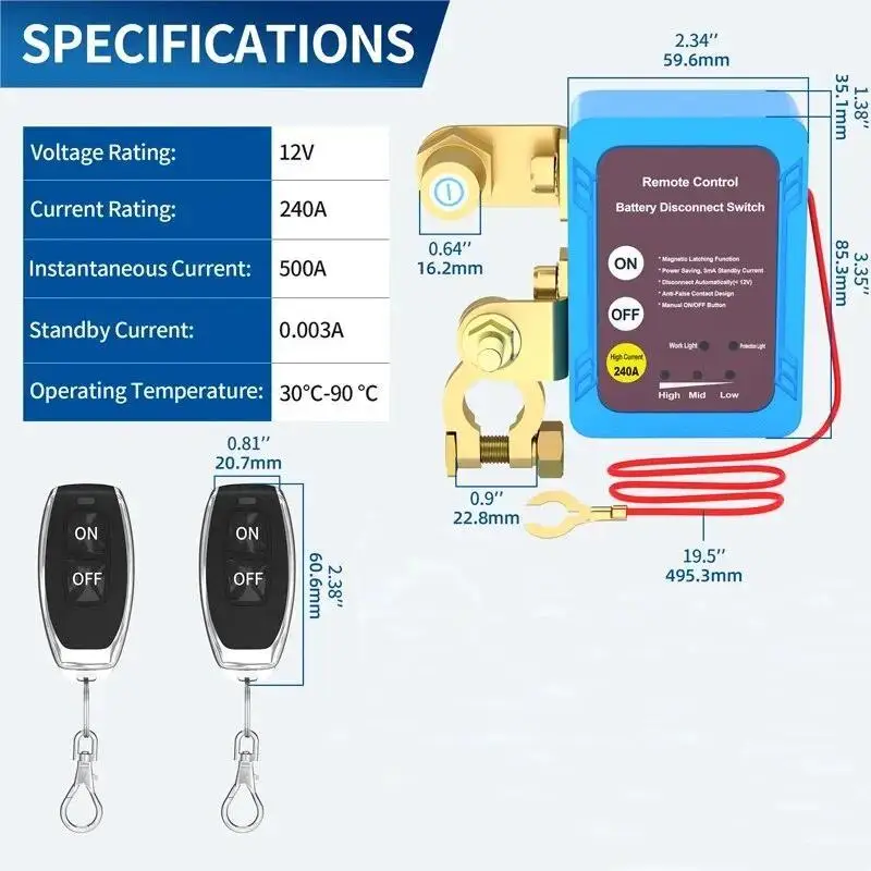 Remote Battery Disconnect Switch 12V 240A Kill Switch Automatic Power Shut Off Switch Car Battery Remote Control Switch