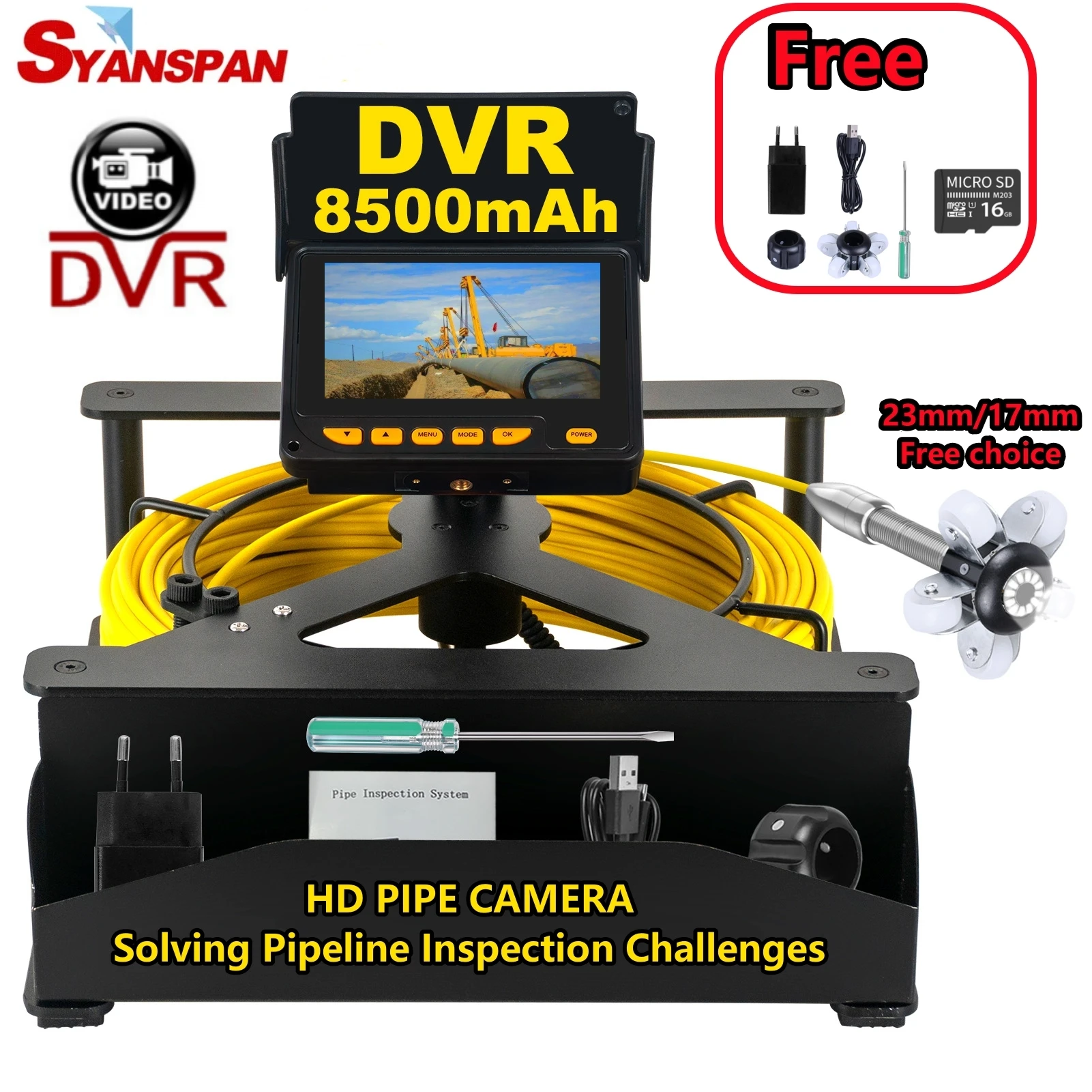 syanspan pipe inspection camera endoscopio de tela dvr 16gb para carros camera de esgoto 8500mah ip68 impermeavel 01