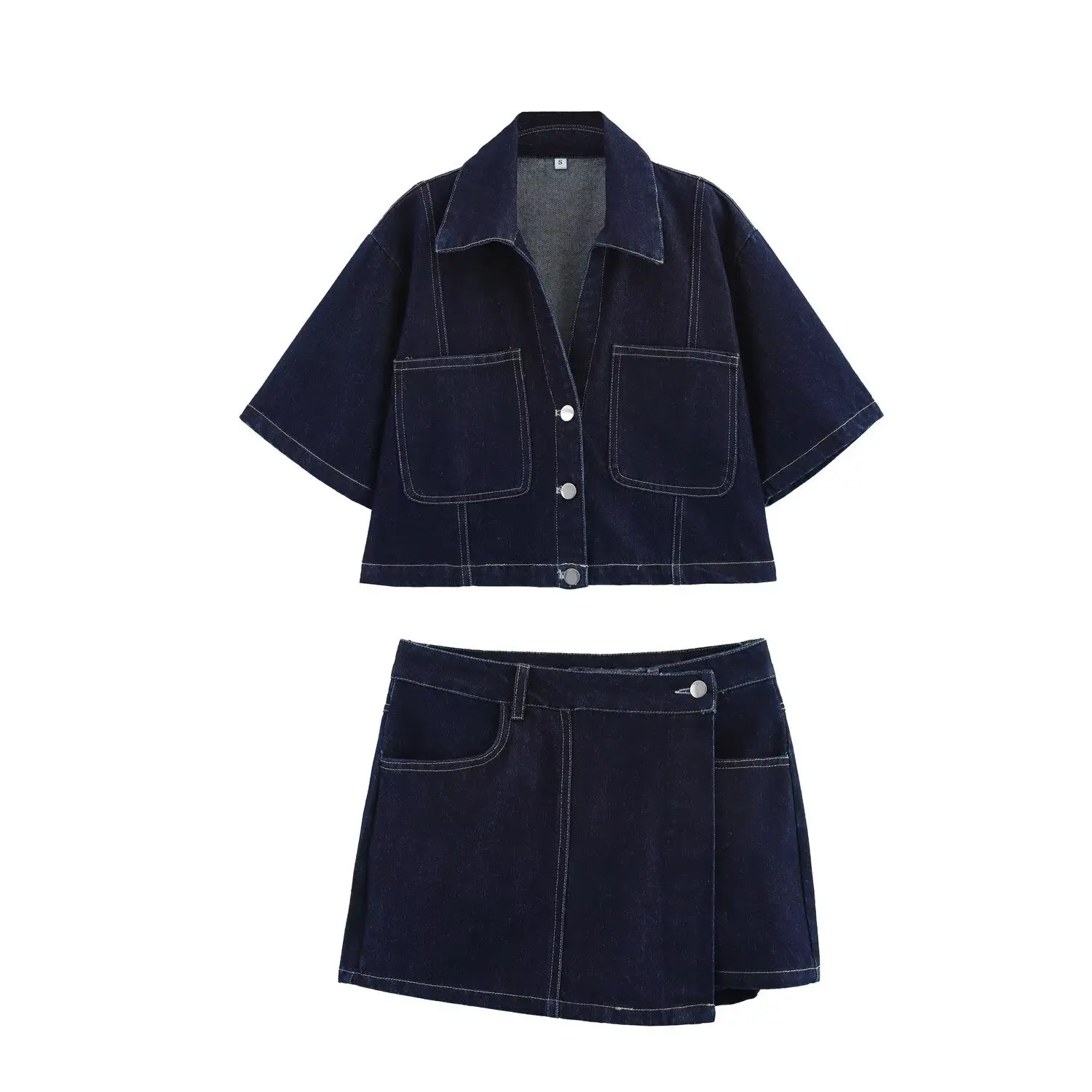Retro Denim Matching Set Women Sexy Lapel Collar Short Sleeve Crop Top and Shorts Skirts Suite Summer Casual Vacation Outfits