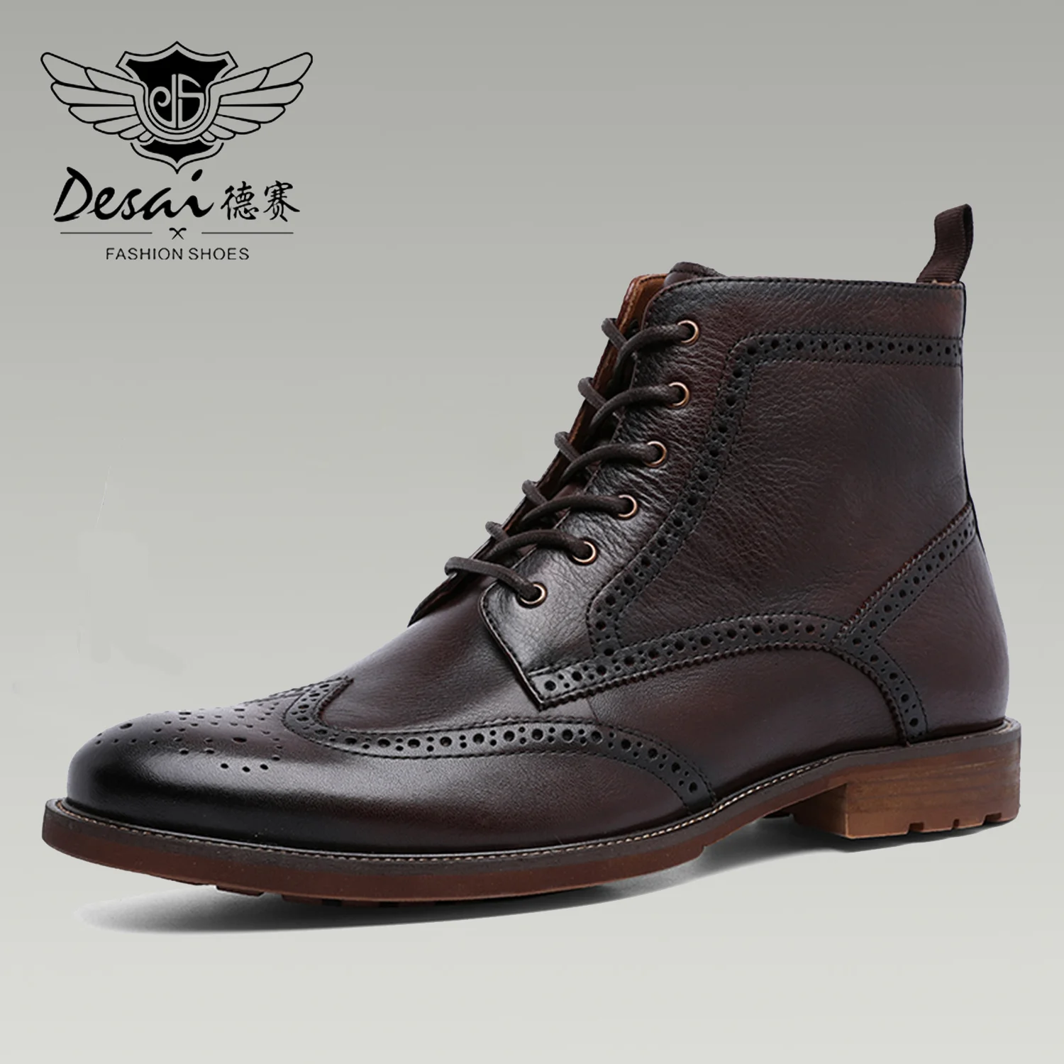 Desai Men's New Brogue Genuine Leather Boots Fleece-lined Shoes Fashion Boots,Warm,Large Size 37-47, Casual, Lace-up, Zipper