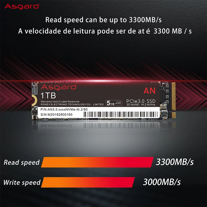 Imagem -02 - Asgard-unidade Interna de Estado Sólido para Laptop Desktop Ssd An3.0 1tb M.2 Nvme Pcie3.0 x4 2280 3300 Mbps