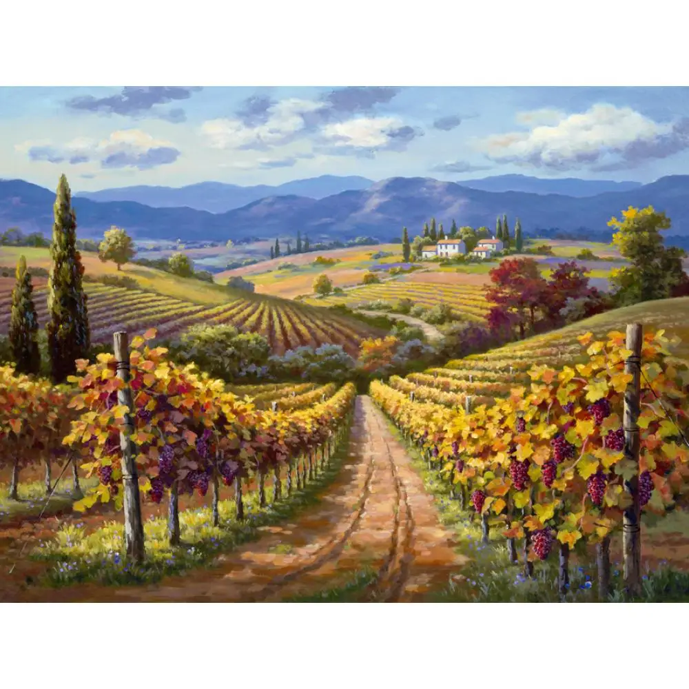 

Vineyard Hill Canvas Wall Art Hand Painted Oil Painting Village Landscape Modern Artwork For Living Room Home Decoration Large