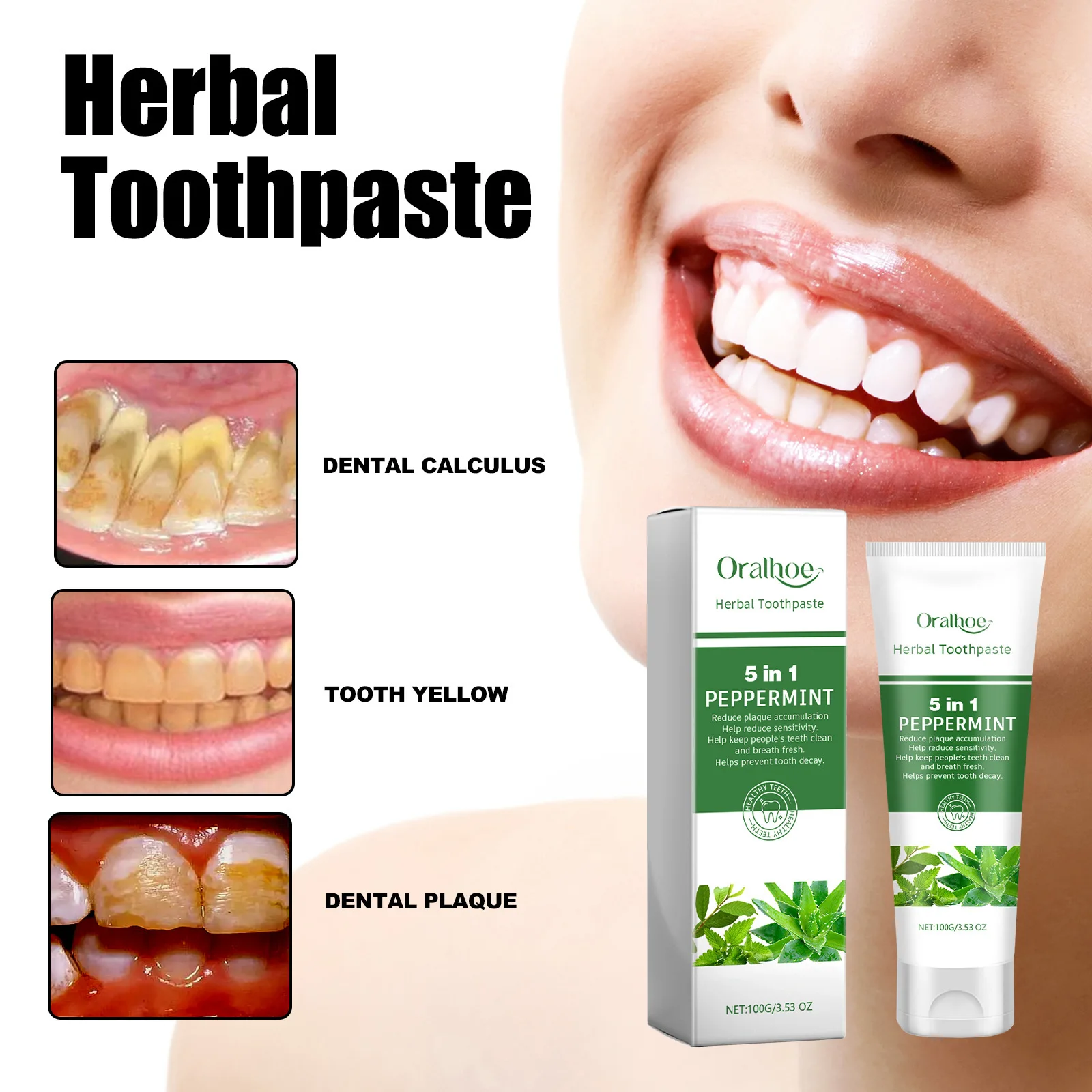 Oralhoe 100g Remove Yellow Teeth Toothpaste Brightening Dental Whitening Teeth Oral Fresh Remove Tartar Stain Herbal Toothpaste