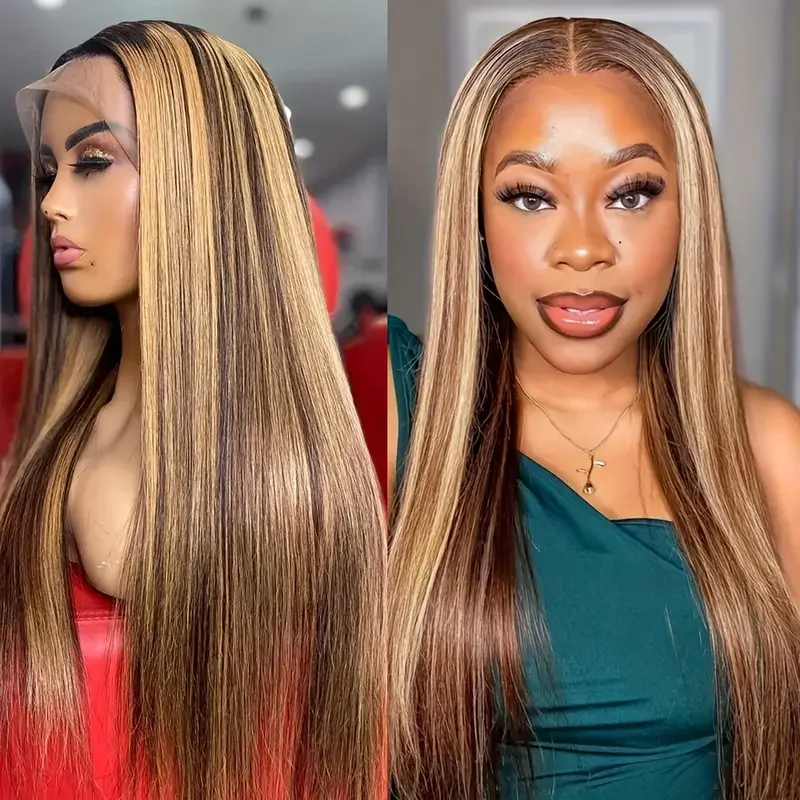 

200% Density 13x6 Straight Highlight Lace Front Wigs Human Hair Pre Plucked HD Transparent Lace Frontal Wigs P4/27 Colored Wigs