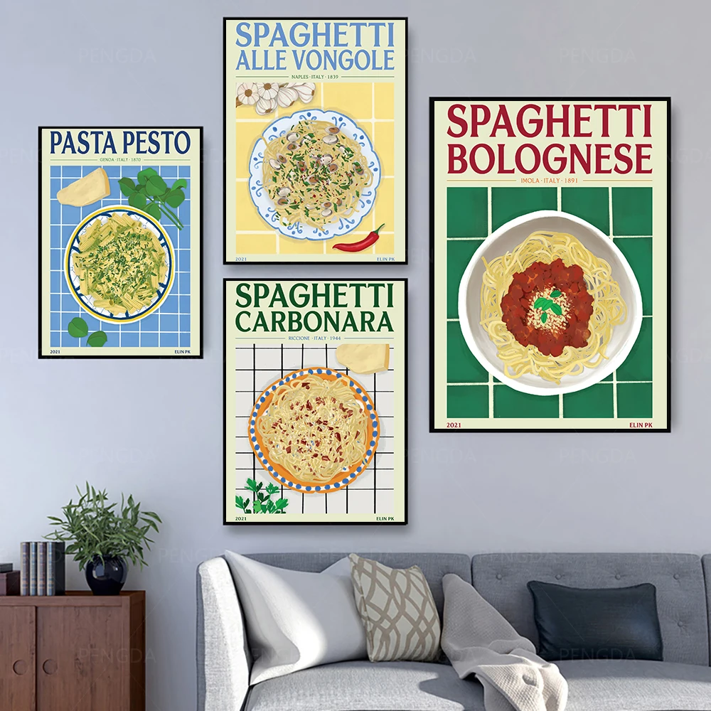 

Spaghetti with Clams Poster and Print Cartoon Pasta Pesto Bolognese Canavs Painting Kitchen Restaurant Foods Wall Art Pictures