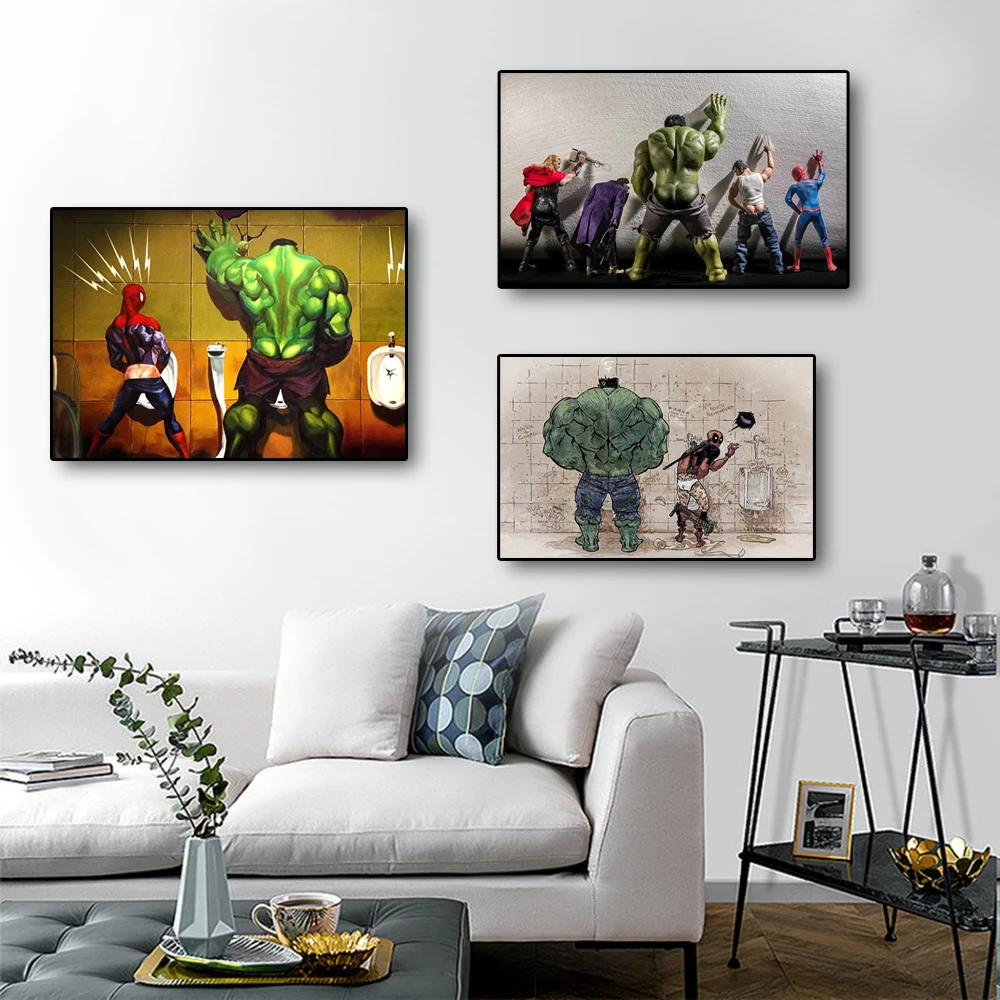 

Miniso Funny Superhero Bathroom Wall Art Superhero Canvas Painting Spider Man Hulk Thor in Toilet Poster Living Room Decoration