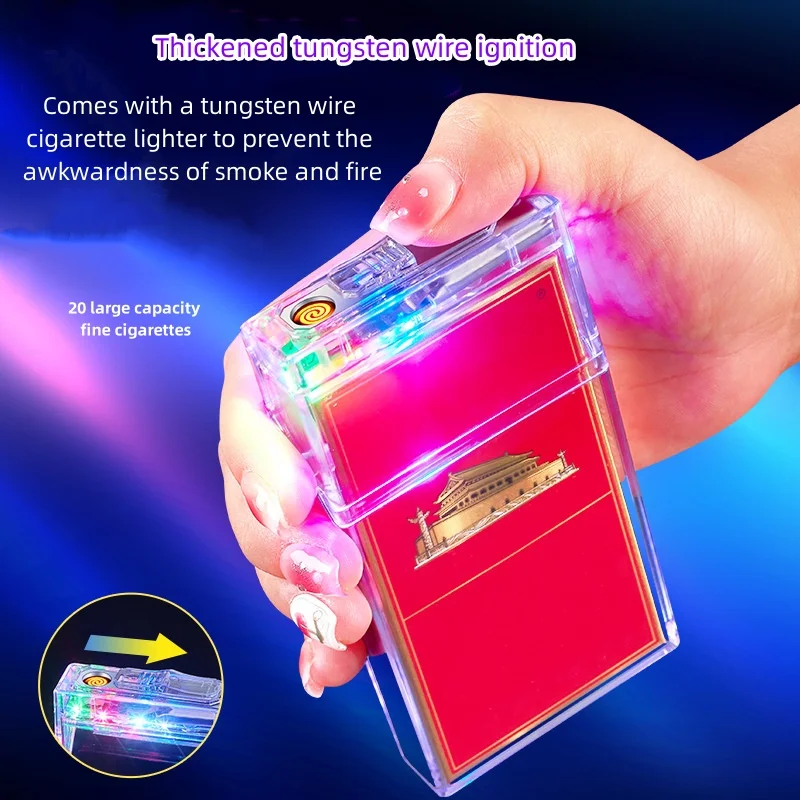 Transparent Tungsten Coil Cigarette Box Lighter Cool And Luminous Colorful Light USB Charging Cigarette Lighter Creative Gifts