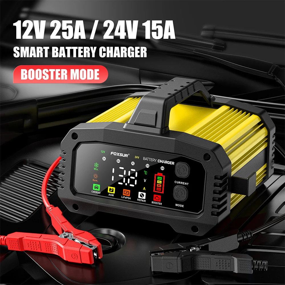 Tragbares intelligentes Autobatterieladegerät 25A/15A für 12V-24V Motorrad-Blei-Säure-AGM-GEL-LiFePo4-Batterien, Auto-Booster, Impulsreparatur, vollautomatisches Autobatterieladegerät