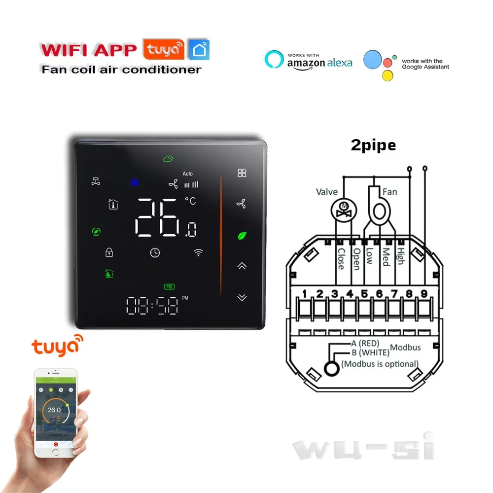 Alexa Tuya-Termostato para Aquecimento e Arrefecimento, Fan Coil, Wi-Fi, Controlador de Temperatura HVAC, 2Pipe, 4Pipe, 24V, 90-240V Opção