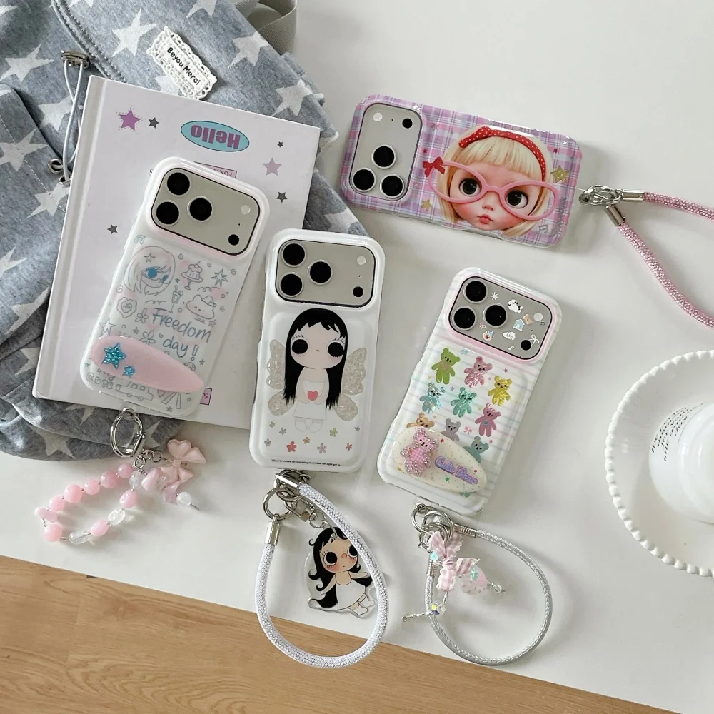 New Korea Ins Cute Cartoon Angel Girl Bear Phone Case For iPhone 15 16 17 Pro Max 17Pro Fashion Sweet Shockproof Case With Charm