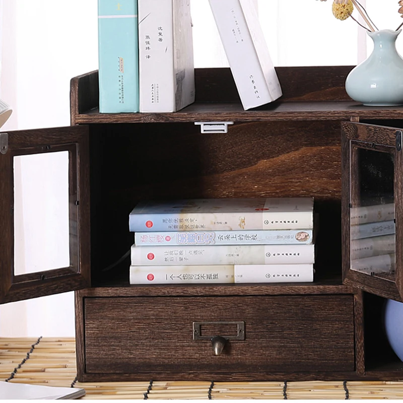 Desktop organizer three drawer office box desk shelf solid wood storage cabinet cosmetic bookcase bookcase open door