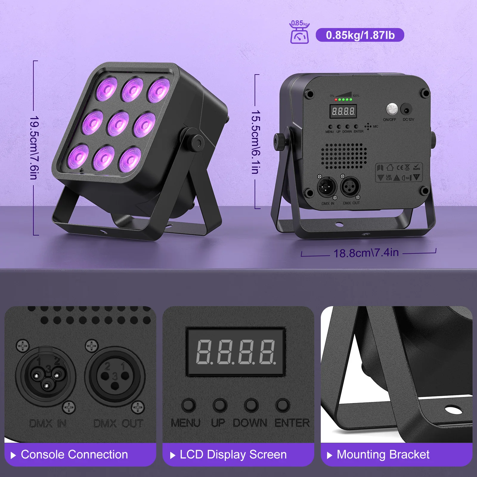 Fieryzeal 2PCS 54W RGBWA+UV 9 LED Par Light DMX512 Stage Effect Light 6IN1 Rechargeable Battery LED Light for DJ Party Club Show