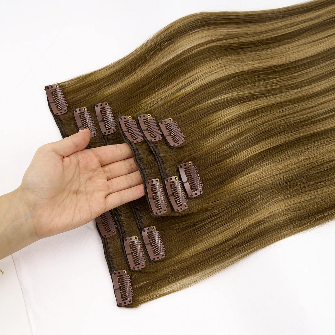 جديد كليب في وصلات شعر الشعر البشري 100% وصلات شعر ريمي طبيعية لحمة مزدوجة 7 قطع الشعر البشري زيادة حجم الشعر