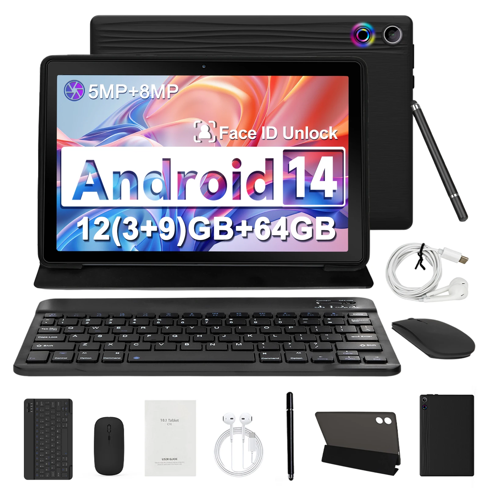 Tablet Android 14 da 10 pollici, A523 Octa Core, 8 GB di RAM + 64 GB di ROM (TF 1 TB), 5000 mAh, sbloccato volto, nero+ set tastiera e mouse, nero