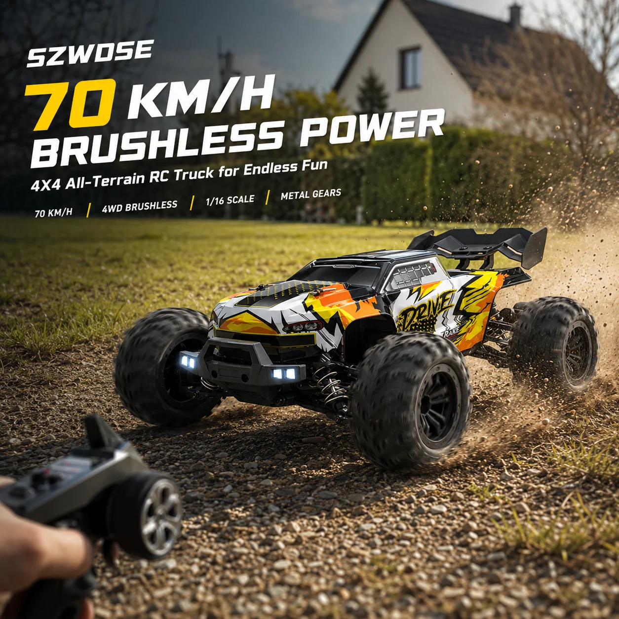 Samochód RC zdalnie sterowany 1:16 4x4 bezszczotkowy 70 km/h, terenowy Monster Truck 2,4 GHz z reflektorami LED i oświetleniem podwozia, szybkie auto RC dla dorosłych i młodzieży 14+, prezent