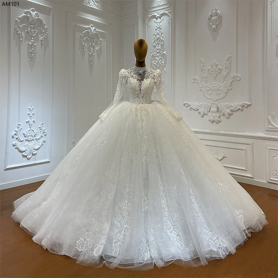 Customized M101 High Neck Long Sleeve Applique Lace Ball Gown Bridal Dress