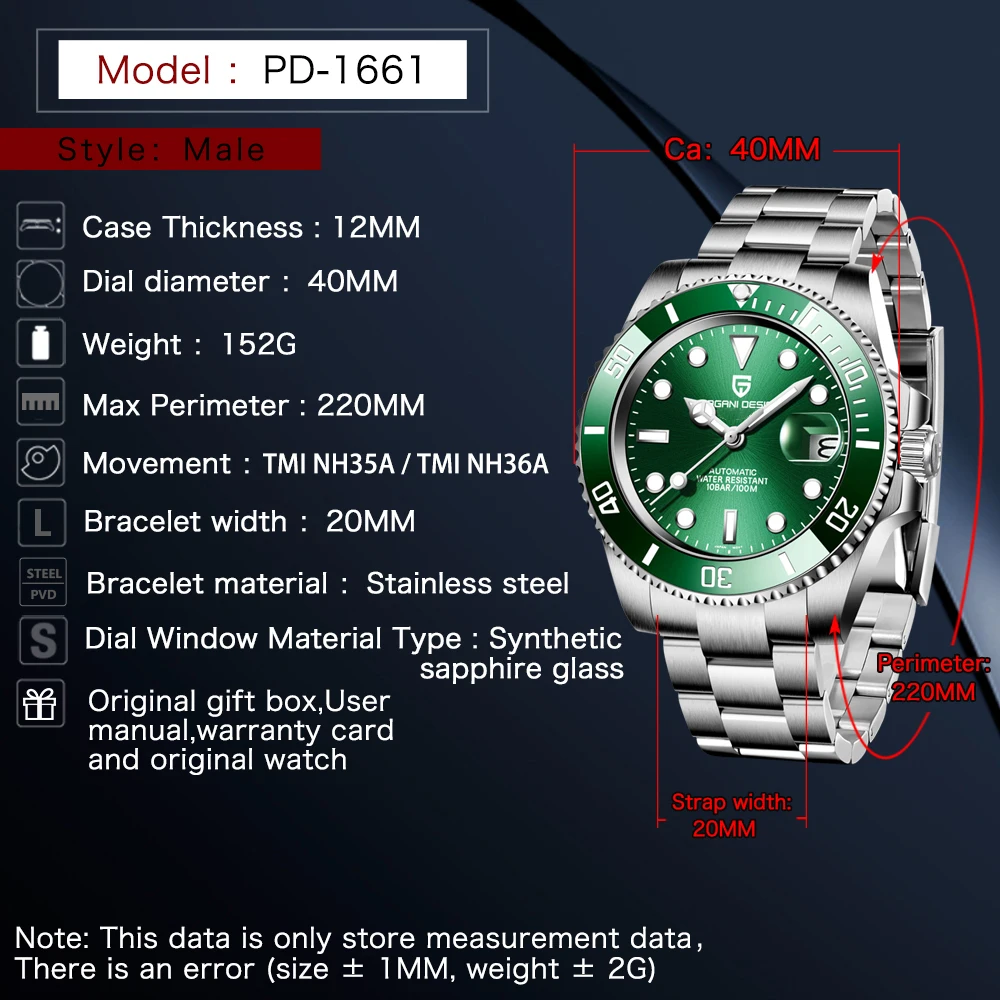 Pagani Design 2024 New NH36 Diving Men's Automatic Mechanical Watch Stainless Steel Waterproof 10Bar Sapphire Luminous C3 reloj