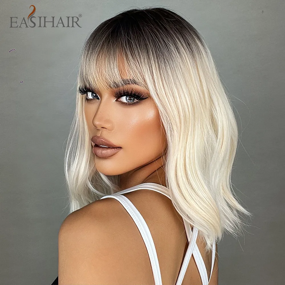 EASIHAIR Short Ombre Blonde Synthetic Wavy Wigs with Bangs Light Platinum Shoulder Length Bob Hair Wigs for Women Heat Resistant