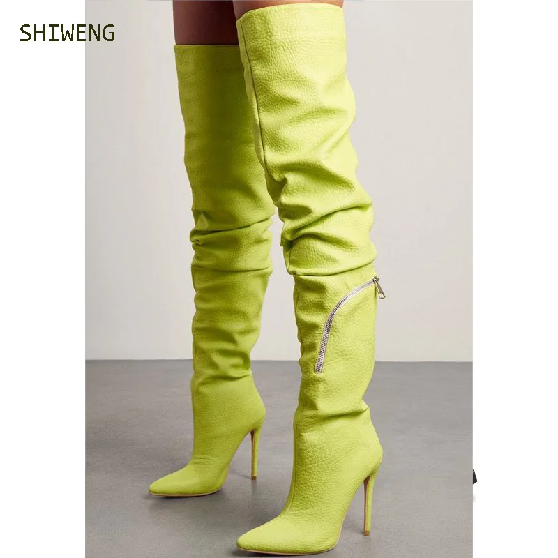 2025 High Quality Women Fashion Pointed Toe Green Over Knee Boots  Long High Heel Pocket Boots Motorcycle Boots 44