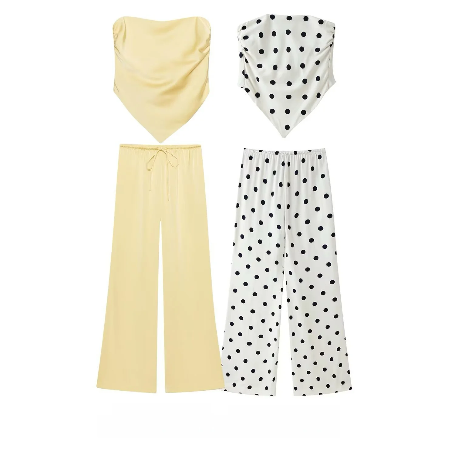 Elegant Satin 2 Piece Sets Women Bandana Smocked Tube Tops and High Waist Wide Leg Long Pants Set Summer Holiday Outfits