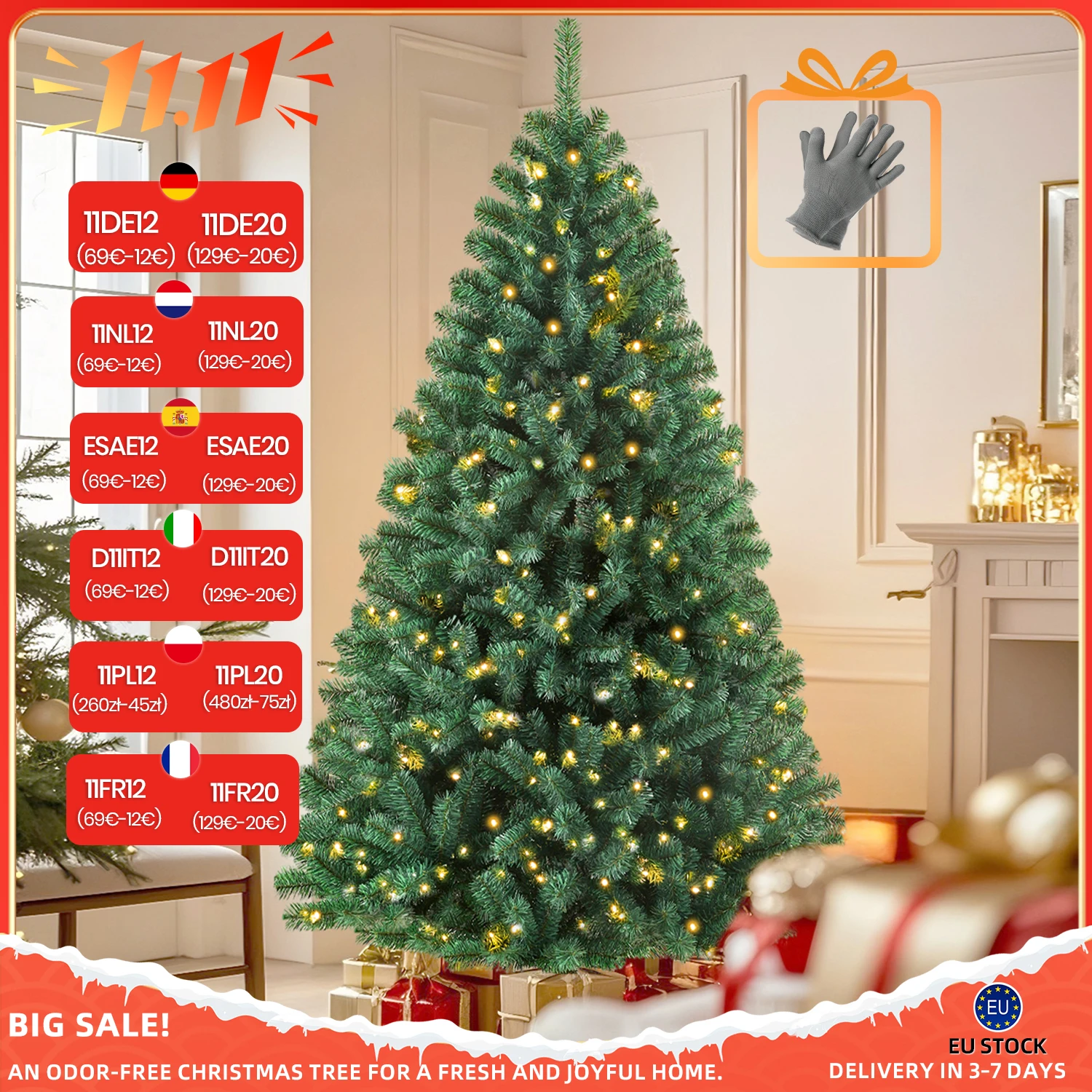 Sapin de noël artificiel en PVC, 180/210/235CM, avec pointes 986/1060/1489, lumières LED 200/300/450, support en métal, décoration de fête
