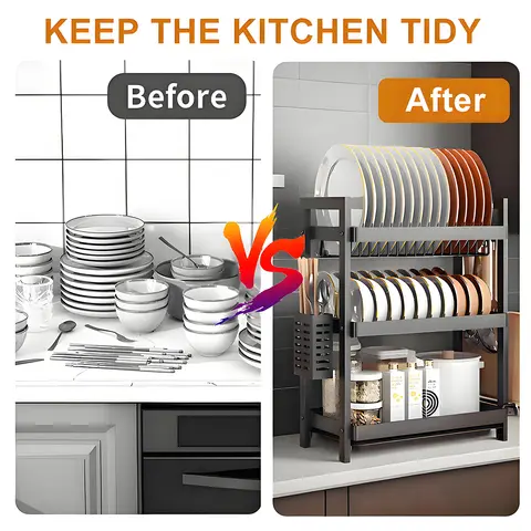 रसोई का काला तीन-स्तरीय बाउल रैक और ऑर्गनाइज़र, प्लेट, चॉपस्टिक होल्डर और चाकू रखने के लिए बर्तन सुखाने का रैक 10 best sales प्लेट भंडारण - №6